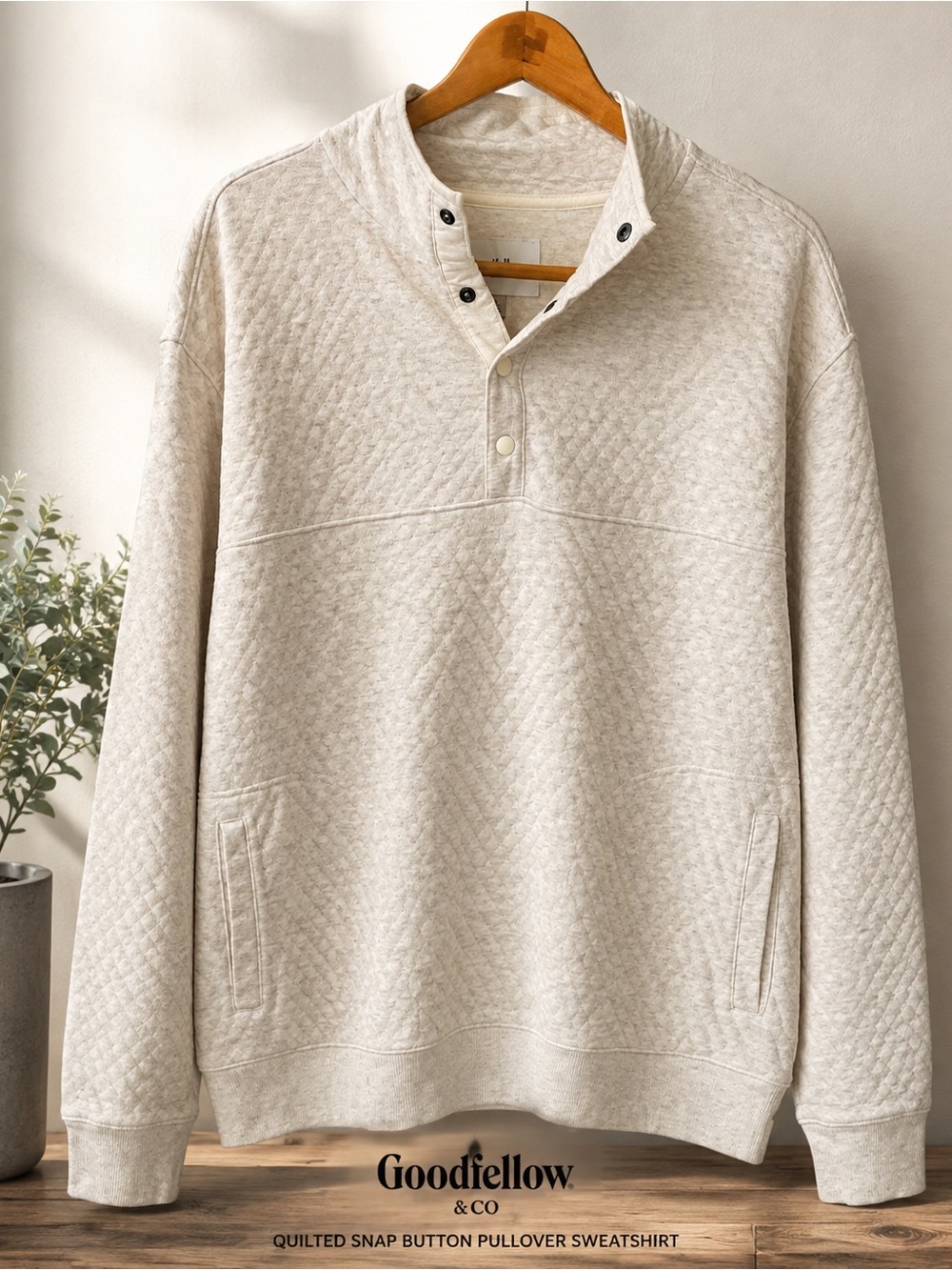 Goodfellow & Co Quilted Snap-Button Crewneck Pullover - Oatmeal